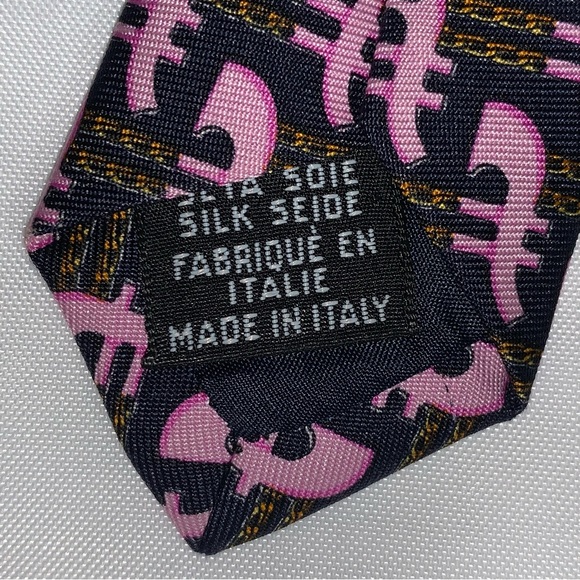 CHANEL navy SILK necktie CRAVAT tie orchid pink abstract pattern w/chainlink - Picture 6 of 8